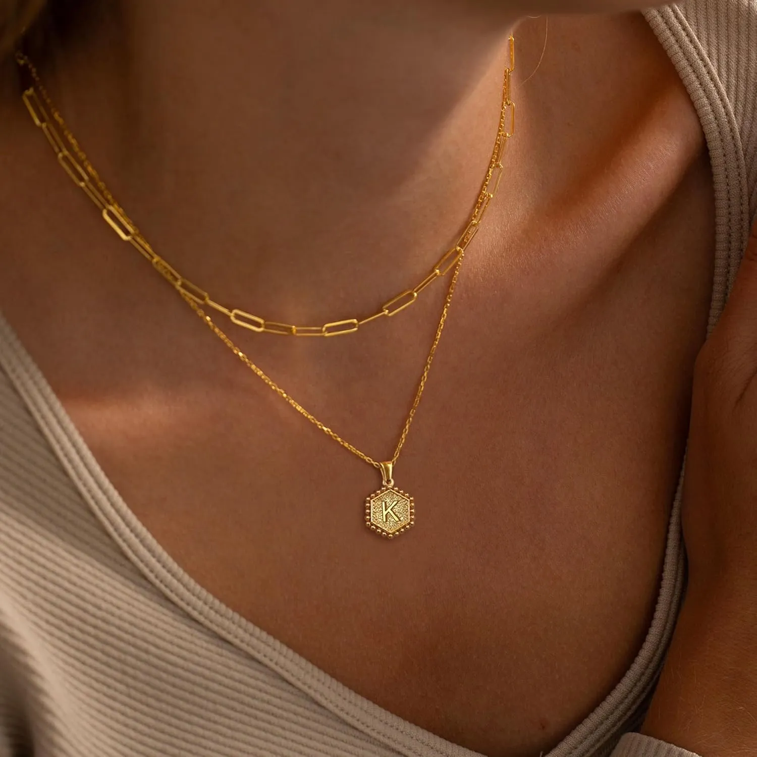 Dainty Gold Necklace for Women - 18K Gold Plated Layered Initial Necklaces for Women Simple Paperclip Chain Hexagon Letter Initial Necklace Gold Layered Necklaces for Women Jewelry Gifts