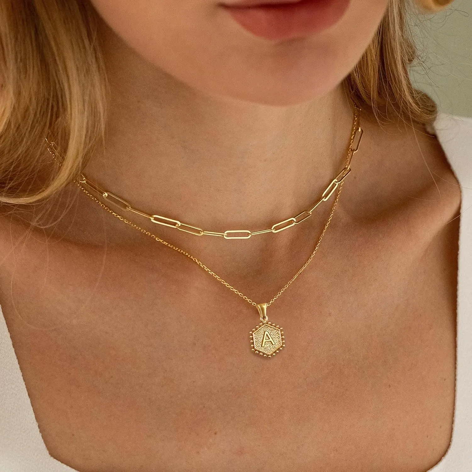 Dainty Gold Necklace for Women - 18K Gold Plated Layered Initial Necklaces for Women Simple Paperclip Chain Hexagon Letter Initial Necklace Gold Layered Necklaces for Women Jewelry Gifts