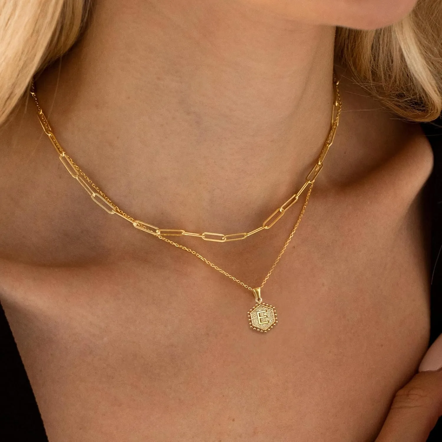 Dainty Gold Necklace for Women - 18K Gold Plated Layered Initial Necklaces for Women Simple Paperclip Chain Hexagon Letter Initial Necklace Gold Layered Necklaces for Women Jewelry Gifts