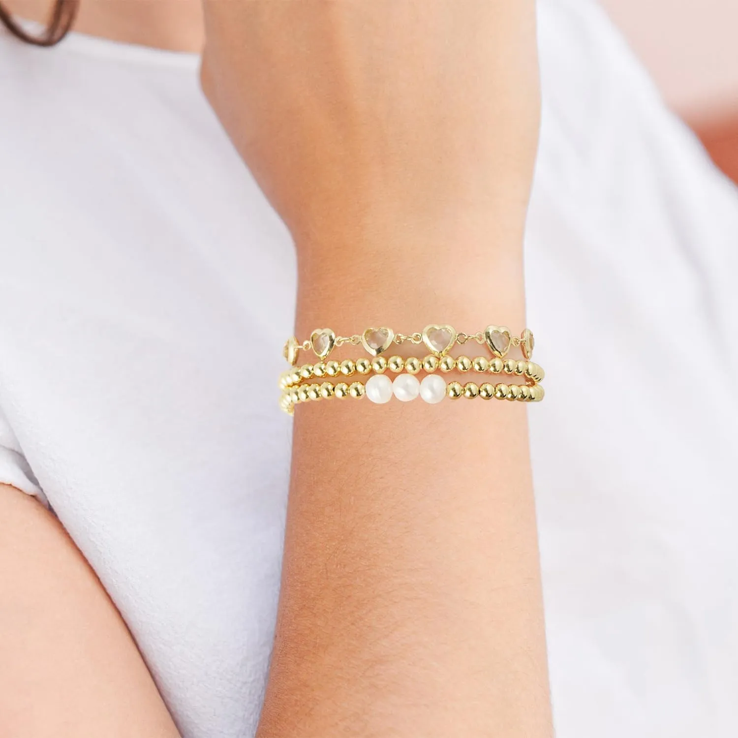 Dainty Gold Pearl Crystal Beaded Bracelets Set for Women 14K Real Gold Plated Bead Pearl Crystal Beads Bracelet Stackable Paperclip Link Chain Bracelets Gold Bracelets for Women Trendy Jewelry