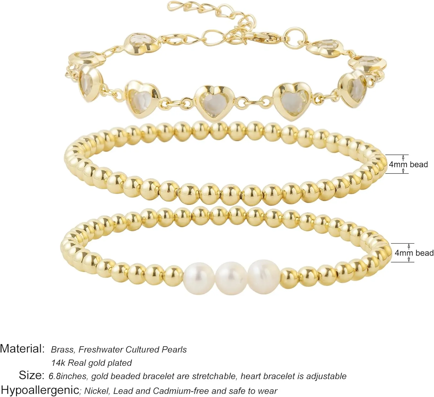 Dainty Gold Pearl Crystal Beaded Bracelets Set for Women 14K Real Gold Plated Bead Pearl Crystal Beads Bracelet Stackable Paperclip Link Chain Bracelets Gold Bracelets for Women Trendy Jewelry
