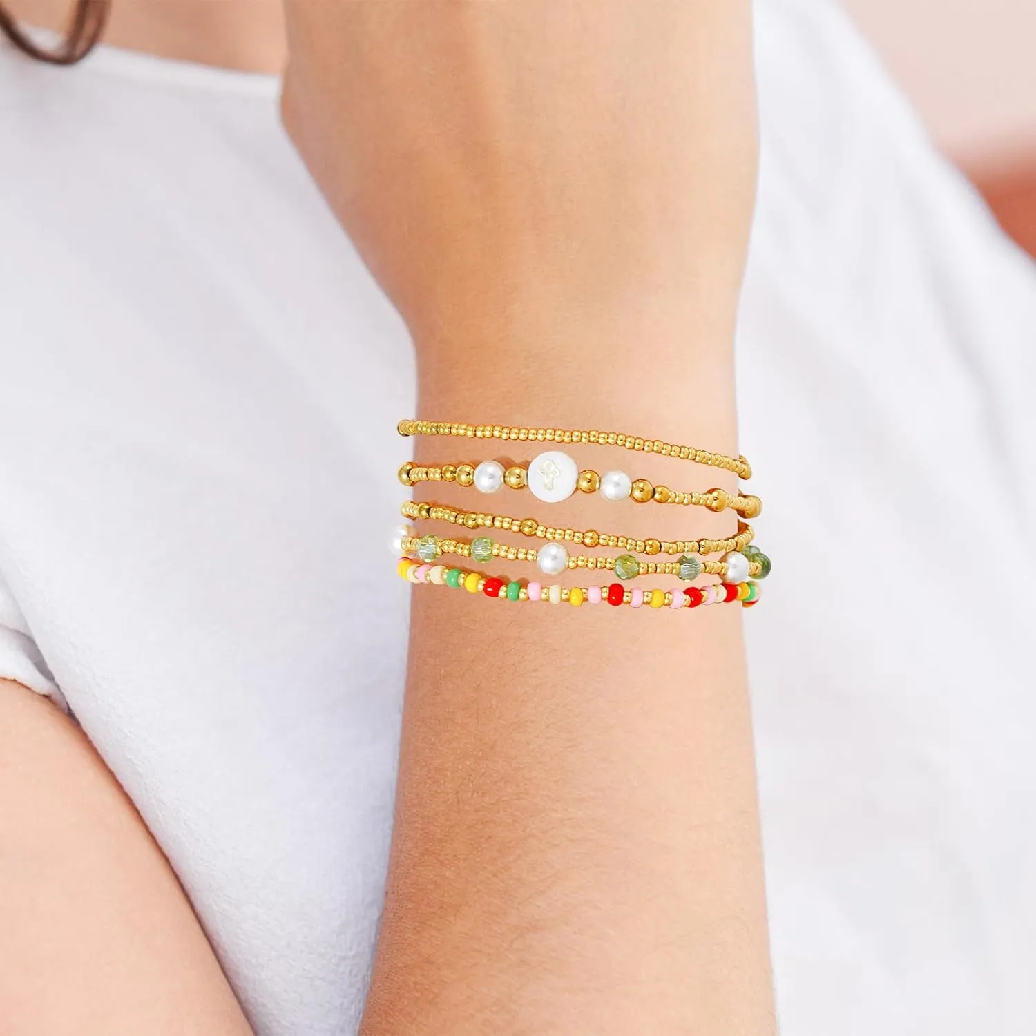 Dainty Gold Pearl Crystal Beaded Bracelets Set for Women 14K Real Gold Plated Bead Pearl Crystal Beads Bracelet Stackable Paperclip Link Chain Bracelets Gold Bracelets for Women Trendy Jewelry