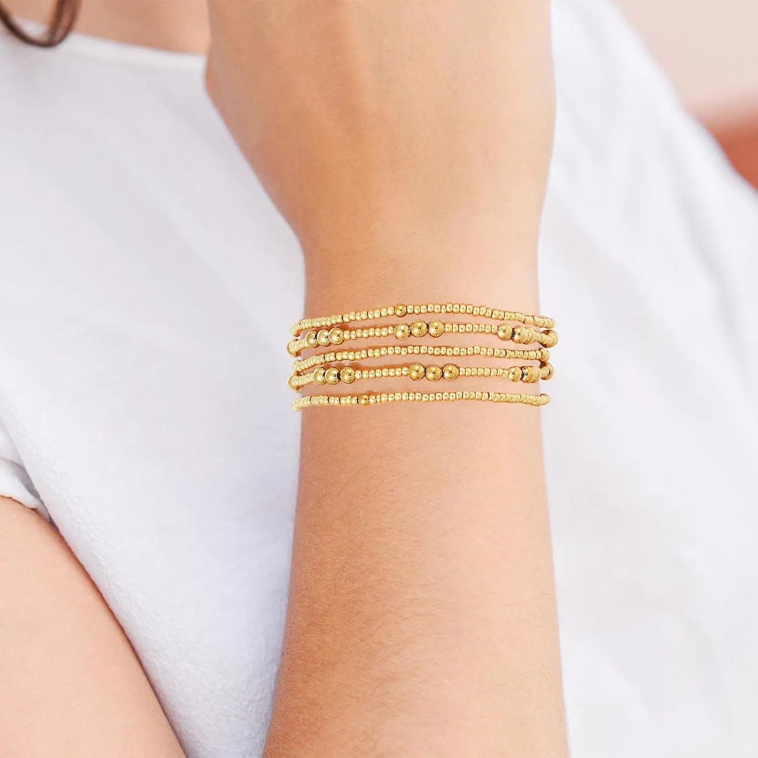 Dainty Gold Pearl Crystal Beaded Bracelets Set for Women 14K Real Gold Plated Bead Pearl Crystal Beads Bracelet Stackable Paperclip Link Chain Bracelets Gold Bracelets for Women Trendy Jewelry