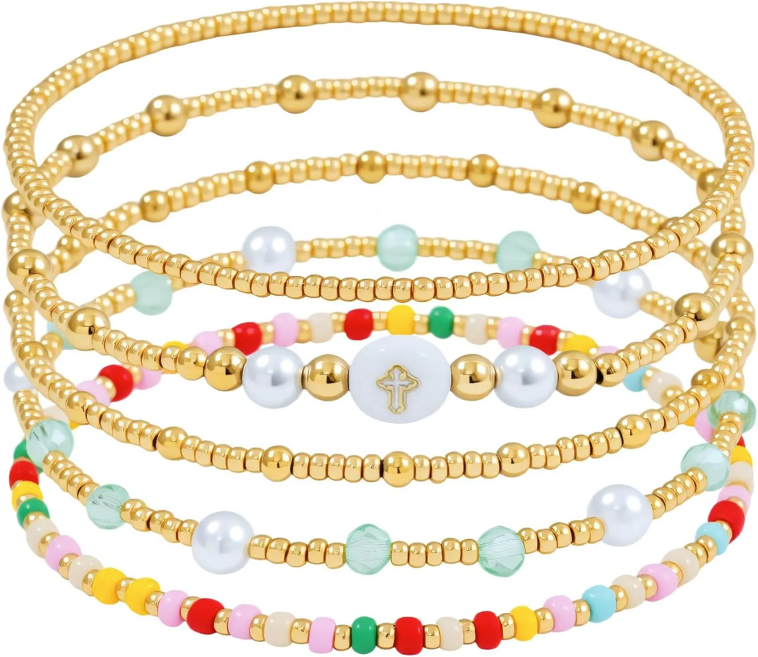 Dainty Gold Pearl Crystal Beaded Bracelets Set for Women 14K Real Gold Plated Bead Pearl Crystal Beads Bracelet Stackable Paperclip Link Chain Bracelets Gold Bracelets for Women Trendy Jewelry