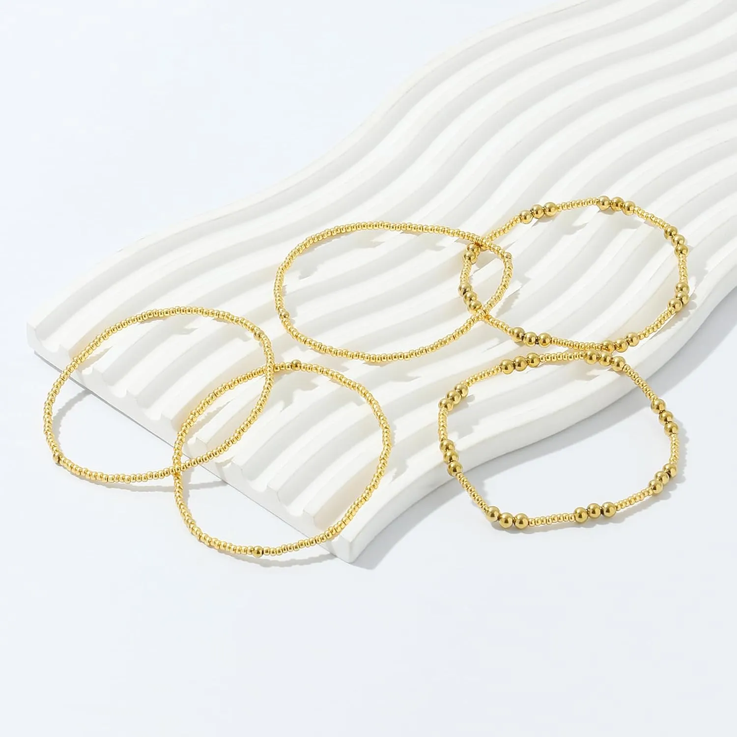 Dainty Gold Pearl Crystal Beaded Bracelets Set for Women 14K Real Gold Plated Bead Pearl Crystal Beads Bracelet Stackable Paperclip Link Chain Bracelets Gold Bracelets for Women Trendy Jewelry