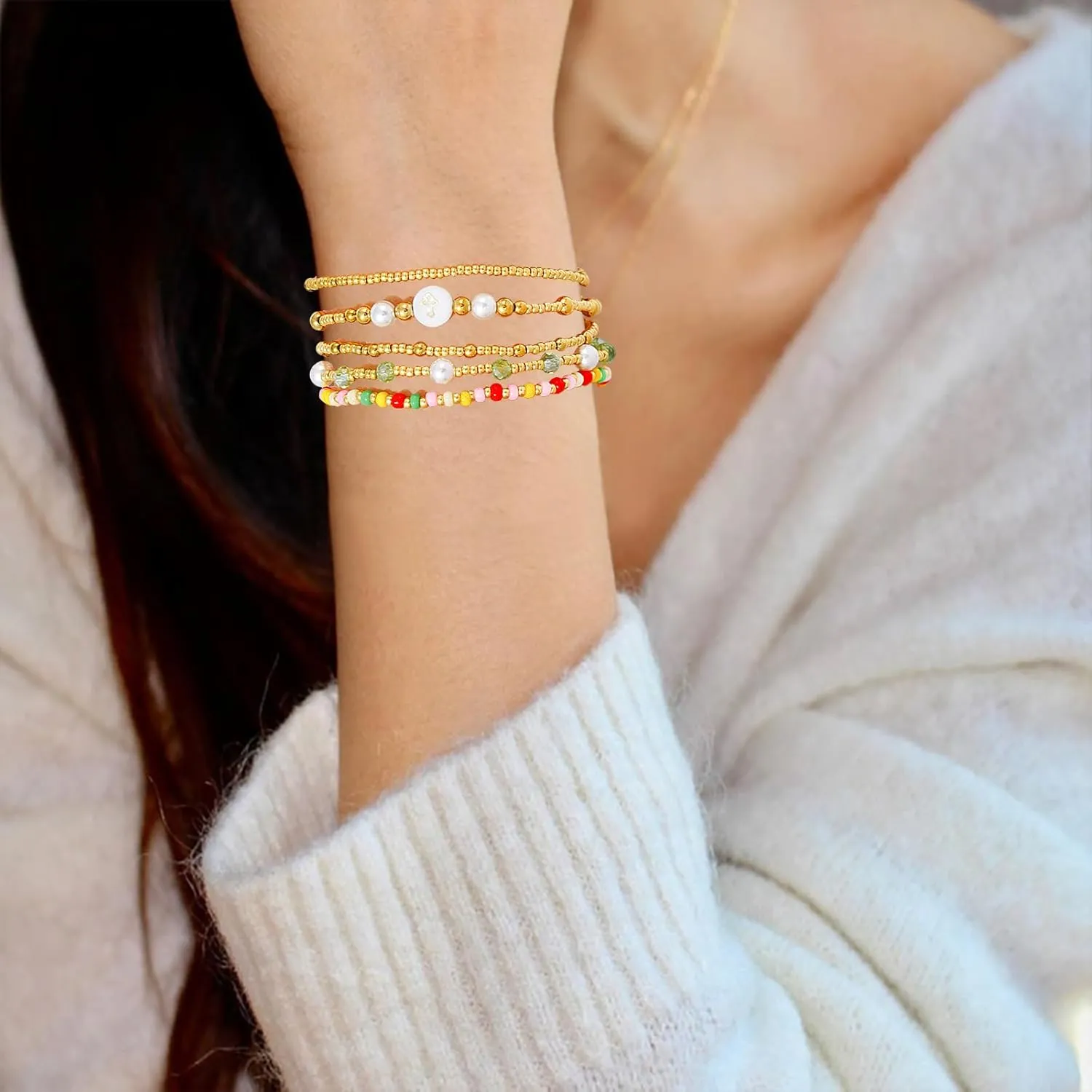 Dainty Gold Pearl Crystal Beaded Bracelets Set for Women 14K Real Gold Plated Bead Pearl Crystal Beads Bracelet Stackable Paperclip Link Chain Bracelets Gold Bracelets for Women Trendy Jewelry
