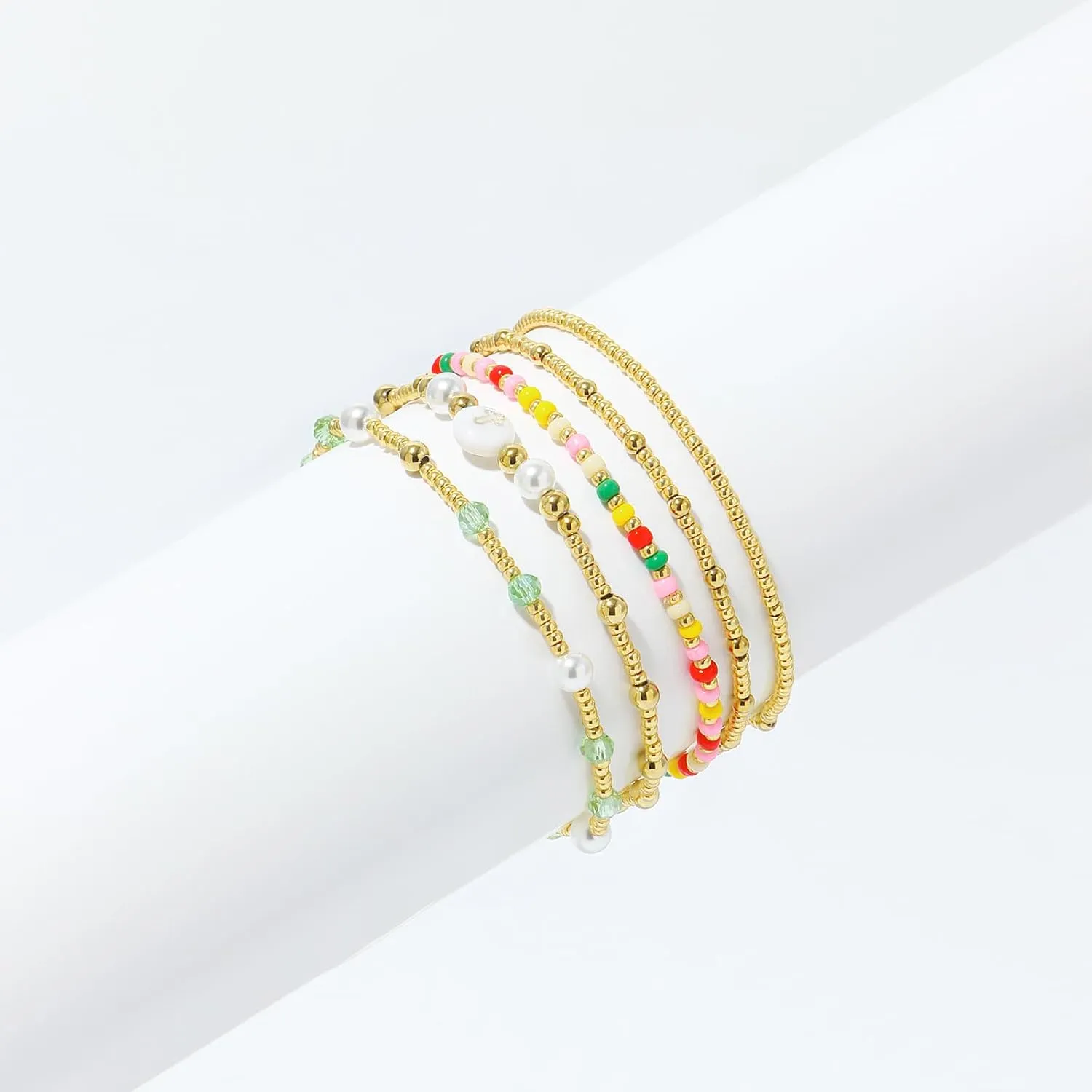 Dainty Gold Pearl Crystal Beaded Bracelets Set for Women 14K Real Gold Plated Bead Pearl Crystal Beads Bracelet Stackable Paperclip Link Chain Bracelets Gold Bracelets for Women Trendy Jewelry