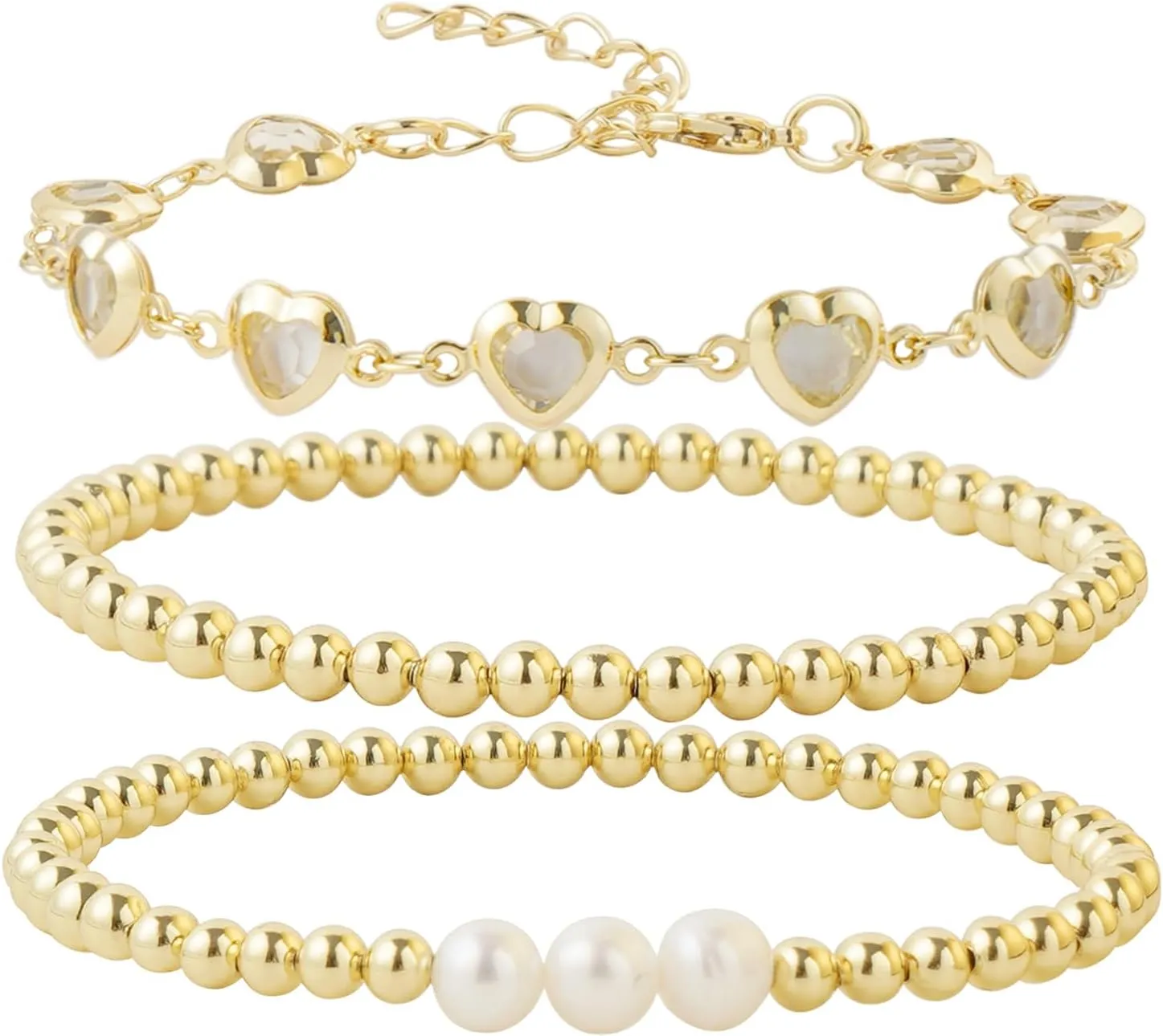 Dainty Gold Pearl Crystal Beaded Bracelets Set for Women 14K Real Gold Plated Bead Pearl Crystal Beads Bracelet Stackable Paperclip Link Chain Bracelets Gold Bracelets for Women Trendy Jewelry