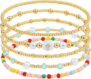 Dainty Gold Pearl Crystal Beaded Bracelets Set for Women 14K Real Gold Plated Bead Pearl Crystal Beads Bracelet Stackable Paperclip Link Chain Bracelets Gold Bracelets for Women Trendy Jewelry