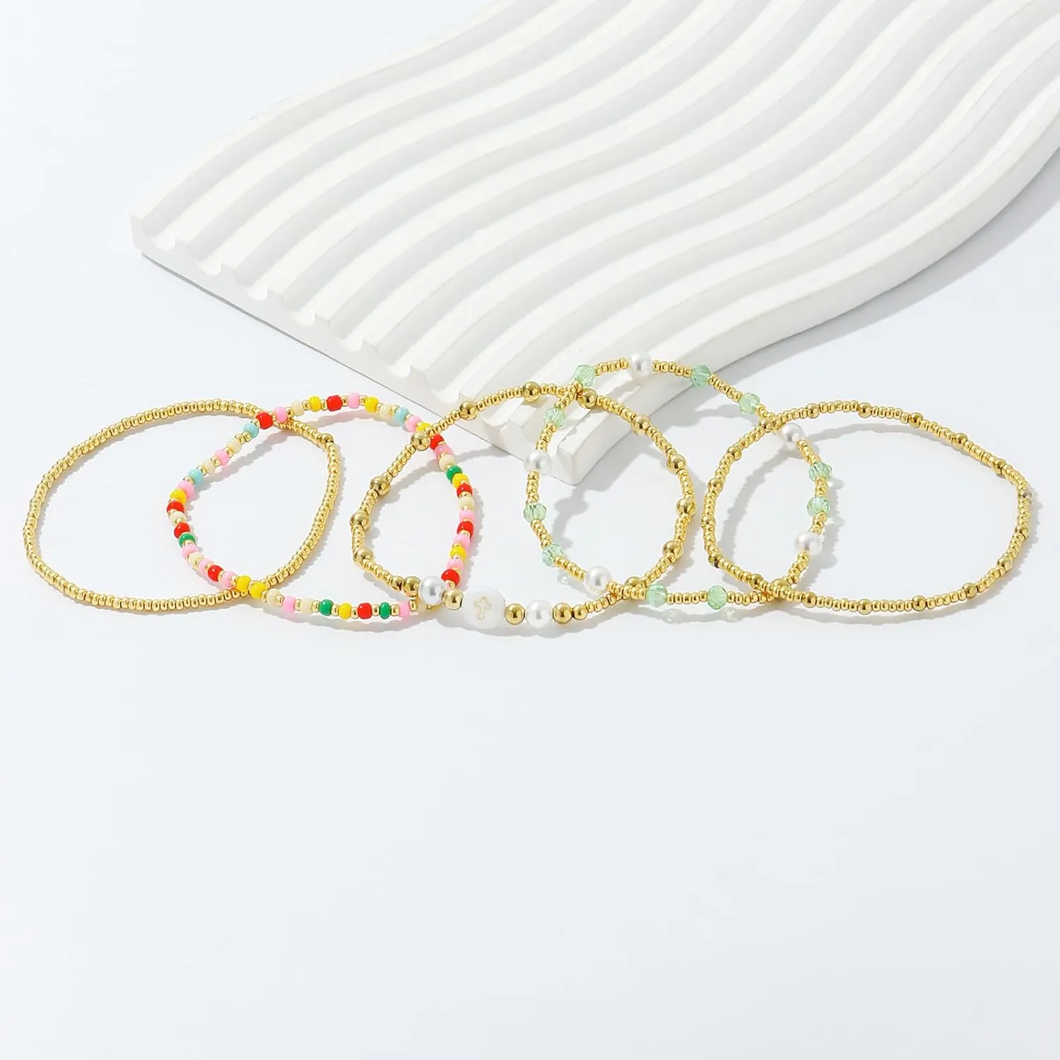 Dainty Gold Pearl Crystal Beaded Bracelets Set for Women 14K Real Gold Plated Bead Pearl Crystal Beads Bracelet Stackable Paperclip Link Chain Bracelets Gold Bracelets for Women Trendy Jewelry