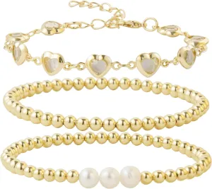 Dainty Gold Pearl Crystal Beaded Bracelets Set for Women 14K Real Gold Plated Bead Pearl Crystal Beads Bracelet Stackable Paperclip Link Chain Bracelets Gold Bracelets for Women Trendy Jewelry