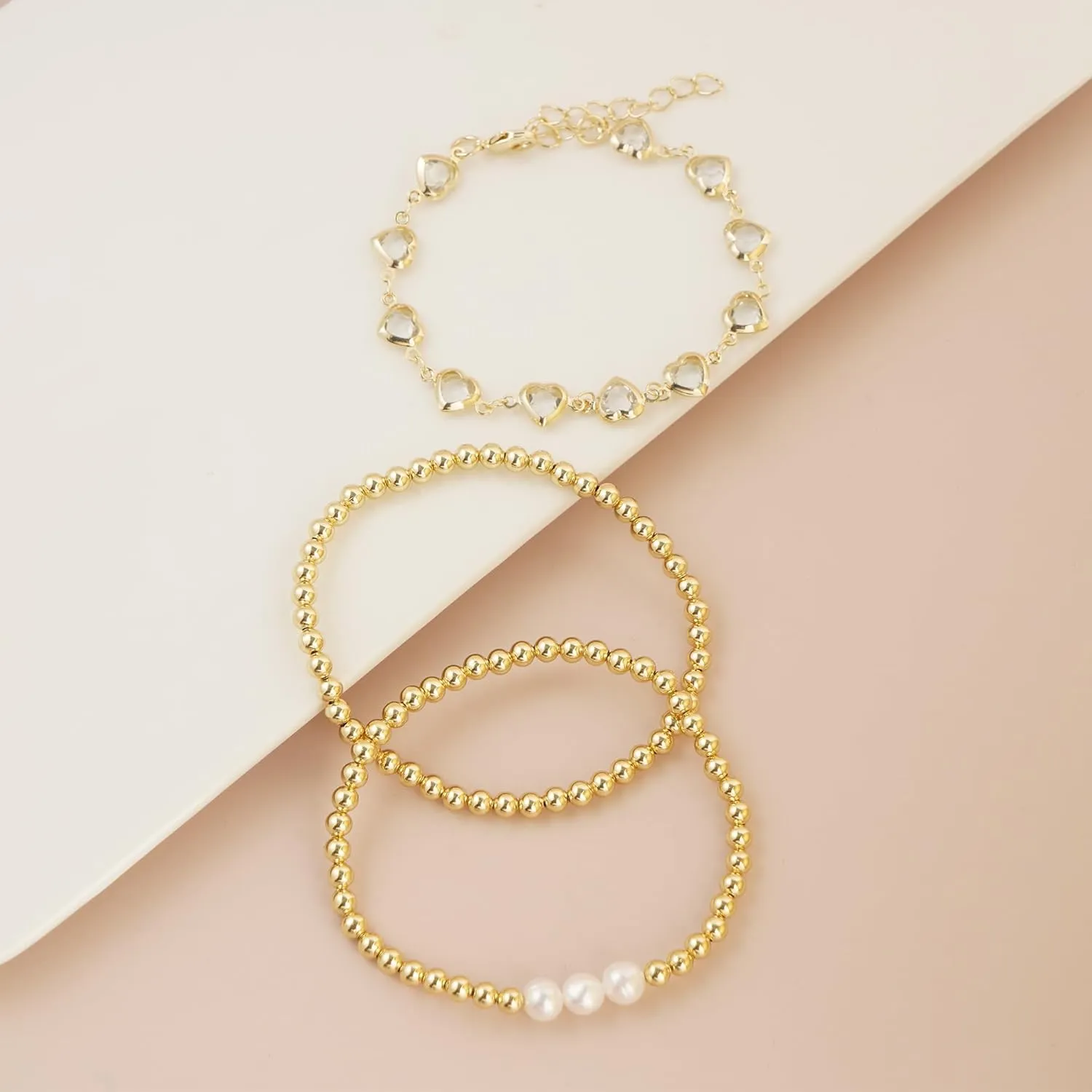 Dainty Gold Pearl Crystal Beaded Bracelets Set for Women 14K Real Gold Plated Bead Pearl Crystal Beads Bracelet Stackable Paperclip Link Chain Bracelets Gold Bracelets for Women Trendy Jewelry