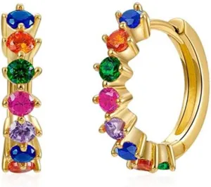Dainty Rainbow Cubic Zirconia 14K Gold Plated Small Cartilage Cuff Hoop Earrings for Women Teen Girls Fashion 925 Sterling Silver Post Multicolored CZ Tiny Round Circle Sleeper Tragus Huggie Hoops