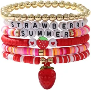 Dainty Strawberry Surfer Heishi Bracelets for Women Stackable Pink Vinyl Disc Clay Beaded Stretch Bracelets Elastic Cute Sweet Layering Friendship Bracelets Boho Summer Beach 6 PCS Jewelry