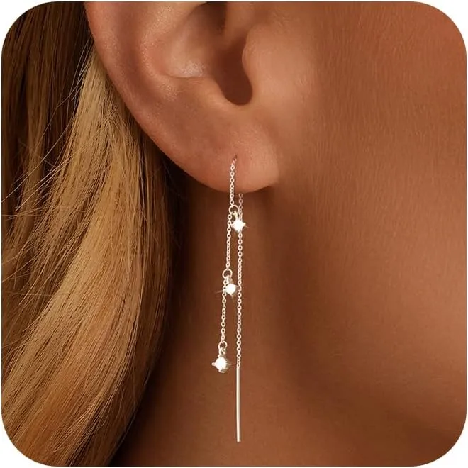 Dangle Earrings for Women Dainty Silver Chain Earrings Trendy Hypoallergenic Waterproof CZ Threader Earrings for Women Jewelry
