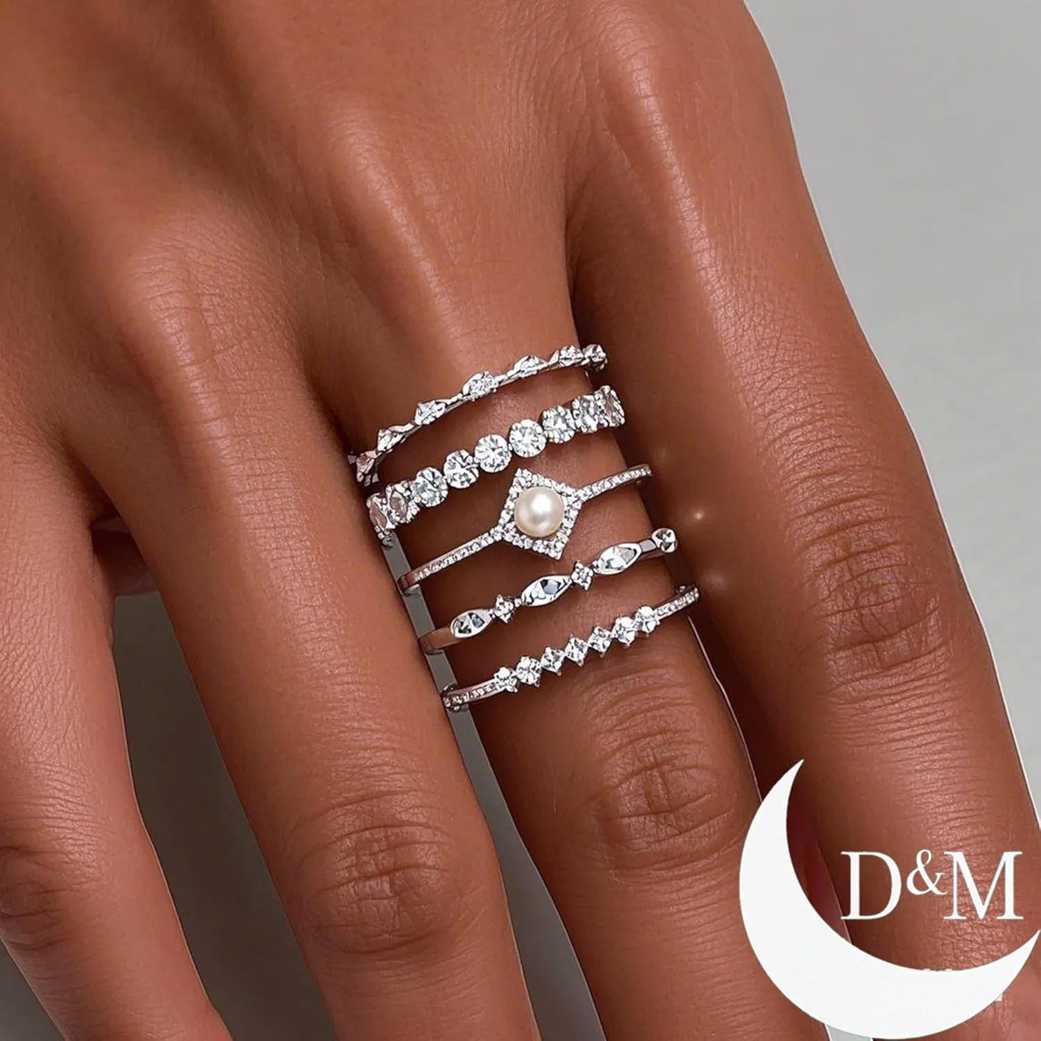 DEARMAY Stackable Silver Rings for Women Non Tarnish, Dainty Sterling Silver Diamond Pearl Rings Set Thumb Fashion Thin Cubic Zirconia Simple Unique Statement Ring Pack Women Jewlery 6/7/8/9/10