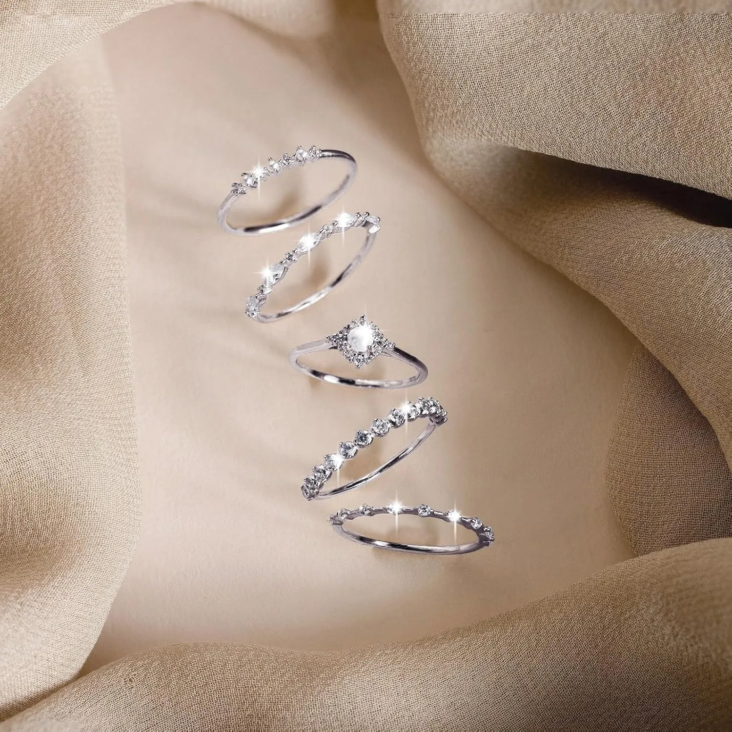 DEARMAY Stackable Silver Rings for Women Non Tarnish, Dainty Sterling Silver Diamond Pearl Rings Set Thumb Fashion Thin Cubic Zirconia Simple Unique Statement Ring Pack Women Jewlery 6/7/8/9/10