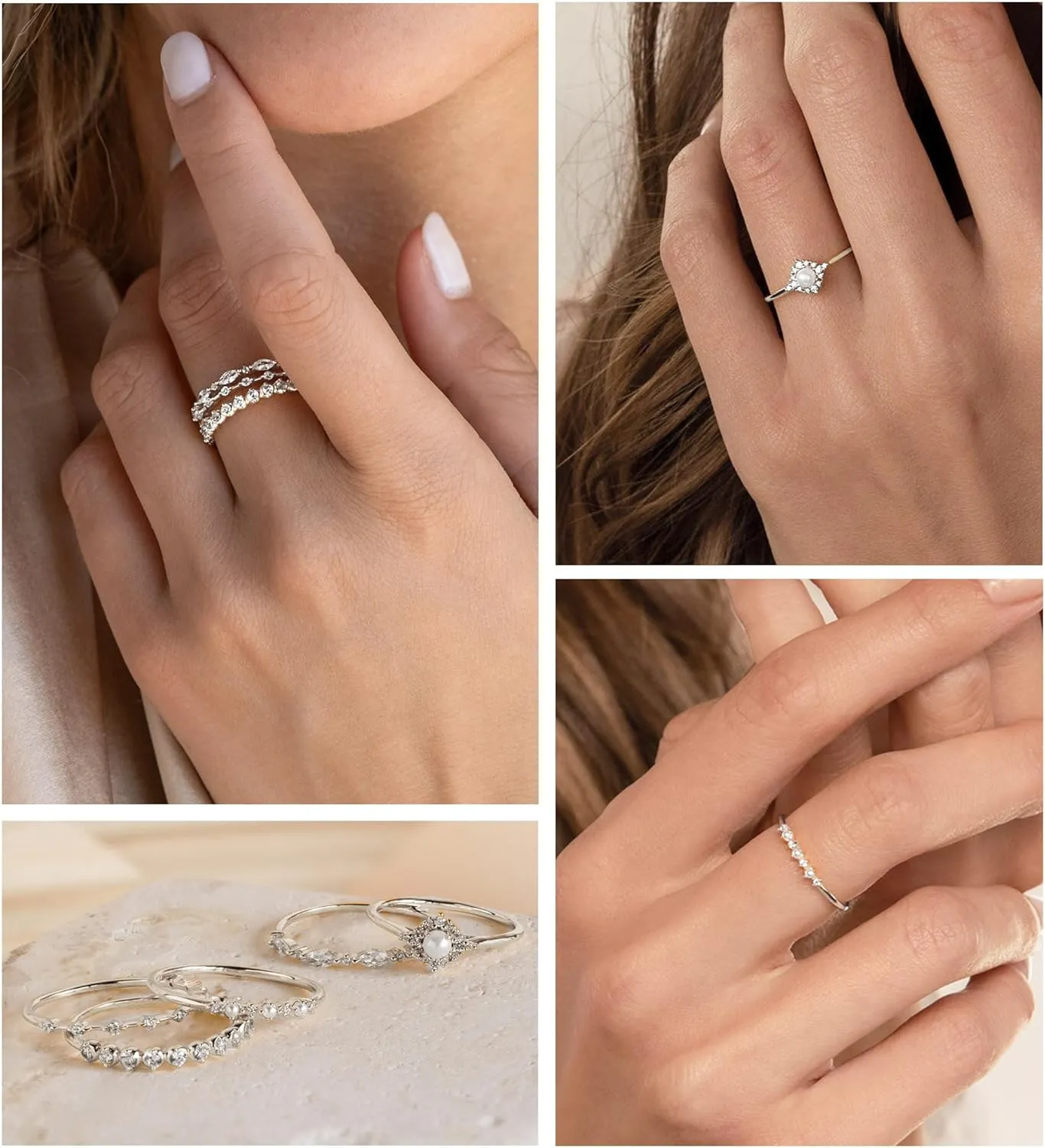 DEARMAY Stackable Silver Rings for Women Non Tarnish, Dainty Sterling Silver Diamond Pearl Rings Set Thumb Fashion Thin Cubic Zirconia Simple Unique Statement Ring Pack Women Jewlery 6/7/8/9/10