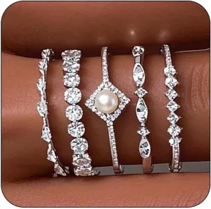 DEARMAY Stackable Silver Rings for Women Non Tarnish, Dainty Sterling Silver Diamond Pearl Rings Set Thumb Fashion Thin Cubic Zirconia Simple Unique Statement Ring Pack Women Jewlery 6/7/8/9/10