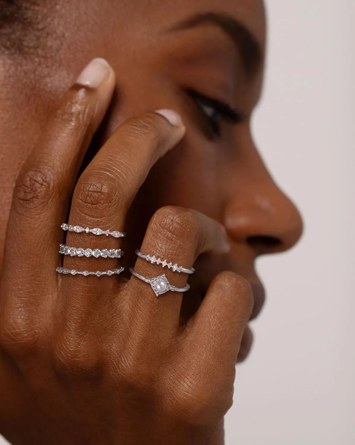 DEARMAY Stackable Silver Rings for Women Non Tarnish, Dainty Sterling Silver Diamond Pearl Rings Set Thumb Fashion Thin Cubic Zirconia Simple Unique Statement Ring Pack Women Jewlery 6/7/8/9/10