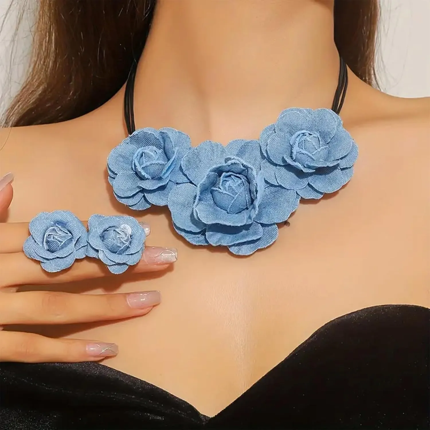 Denim Earrings Floral Choker Necklace Set Blue Flower Jewelry Boho Chic Accessories