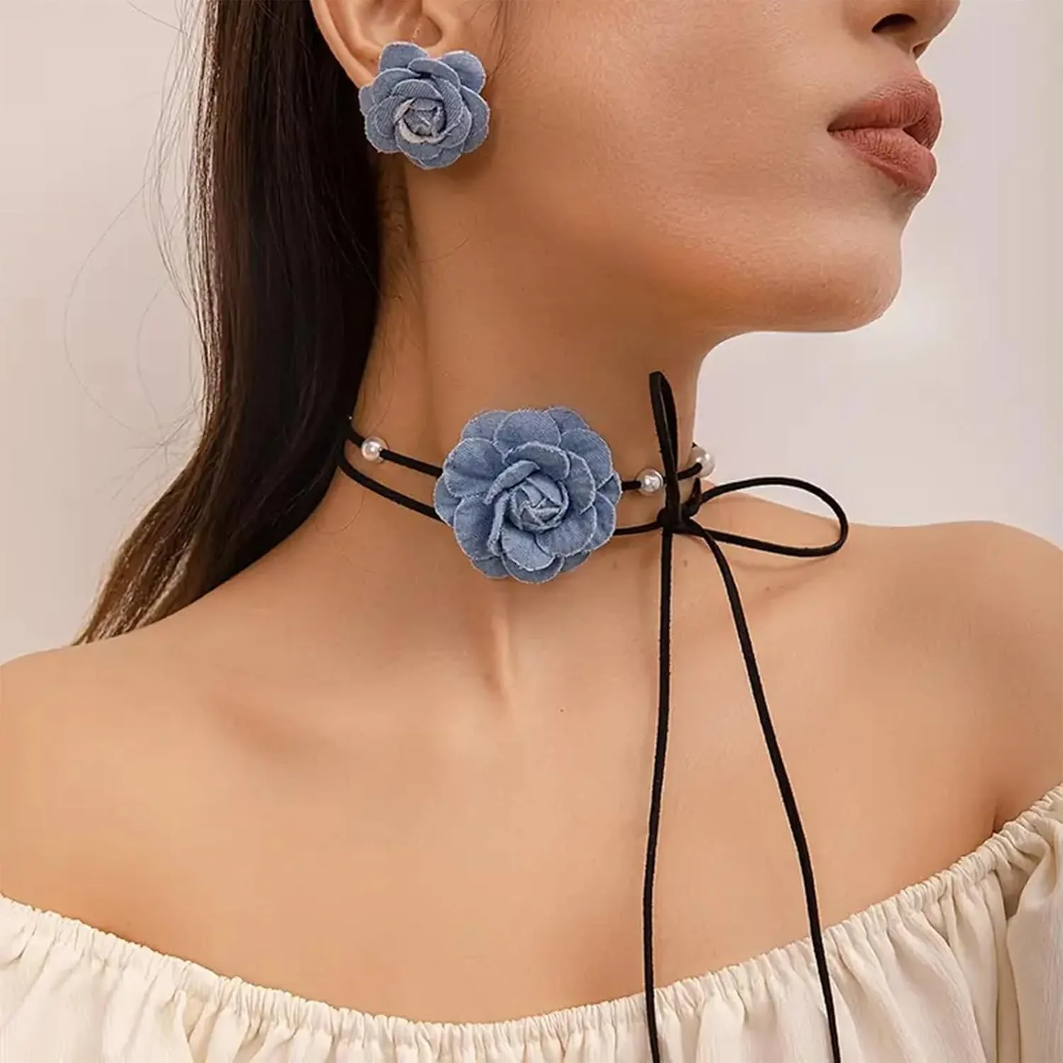 Denim Earrings Floral Choker Necklace Set Blue Flower Jewelry Boho Chic Accessories