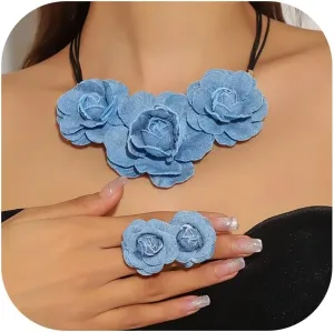 Denim Earrings Floral Choker Necklace Set Blue Flower Jewelry Boho Chic Accessories