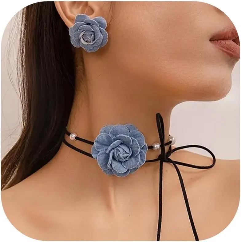 Denim Earrings Floral Choker Necklace Set Blue Flower Jewelry Boho Chic Accessories