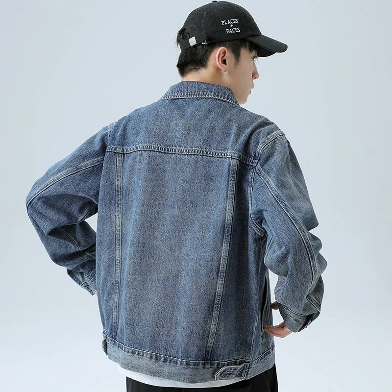 Denim Varsity Jacket Vintage Denim Jacket Male Autumn and Winter Loose Versatile Casual Jacket
