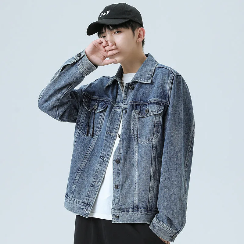 Denim Varsity Jacket Vintage Denim Jacket Male Autumn and Winter Loose Versatile Casual Jacket