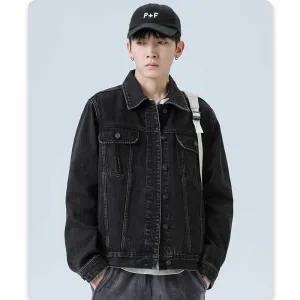 Denim Varsity Jacket Vintage Denim Jacket Male Autumn and Winter Loose Versatile Casual Jacket