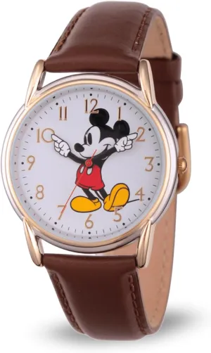 Disney Mickey's Articulating Hands Watch - Mickey Mouse Watch for Women - Vintage 90s Watches - Stylish Women's Toys - Classic Design - Gold Case - Brown Leather Strap