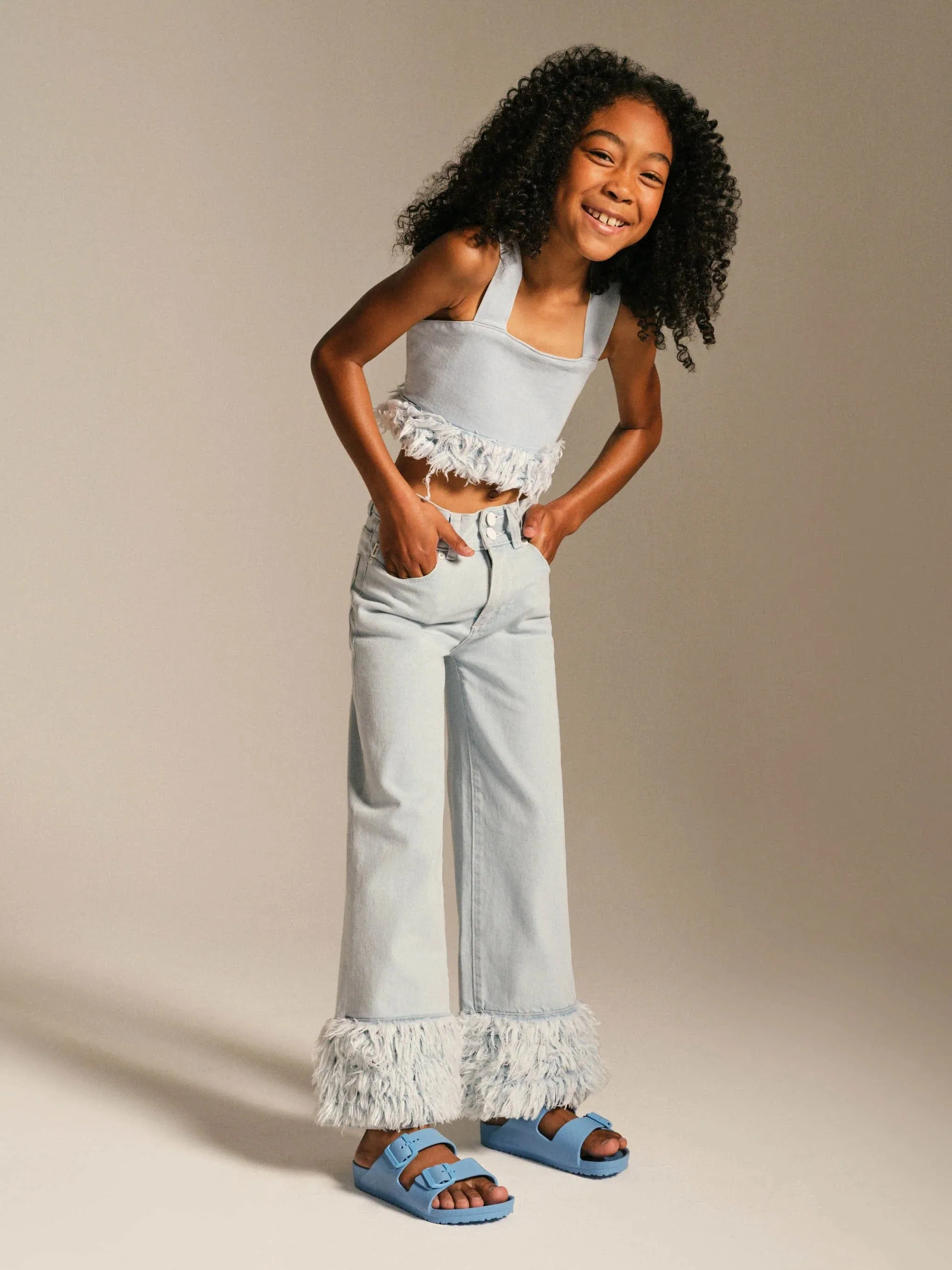 DL1961 Girls Cora Denim Fur Crop Top in Blue
