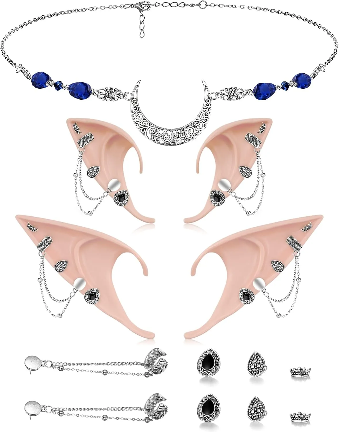 Dolkoic Moon Head Chain with 2 Pairs Fairy Pixie Elf Ears with Piercing Cuff Earrings Set Vintage Crystal Headpieces Halloween Renaissance Cosplay