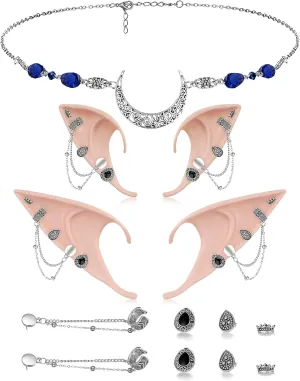 Dolkoic Moon Head Chain with 2 Pairs Fairy Pixie Elf Ears with Piercing Cuff Earrings Set Vintage Crystal Headpieces Halloween Renaissance Cosplay