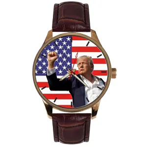 Donald J. Trump Fight, Fight, Fight On The Dial of The Large Polished Brass Watch with a Leather Band and Donation to TNC.