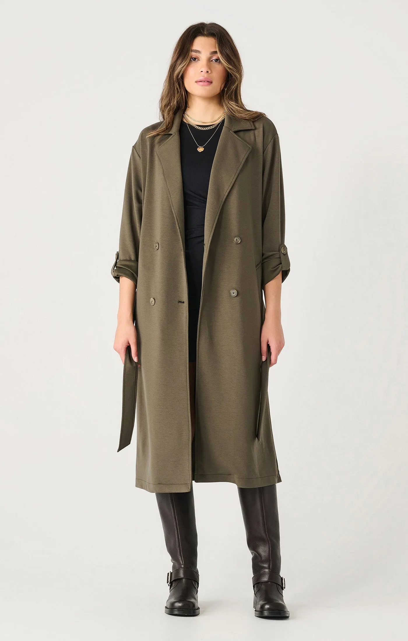 Double Breasted Knit Trench | Deep Olive