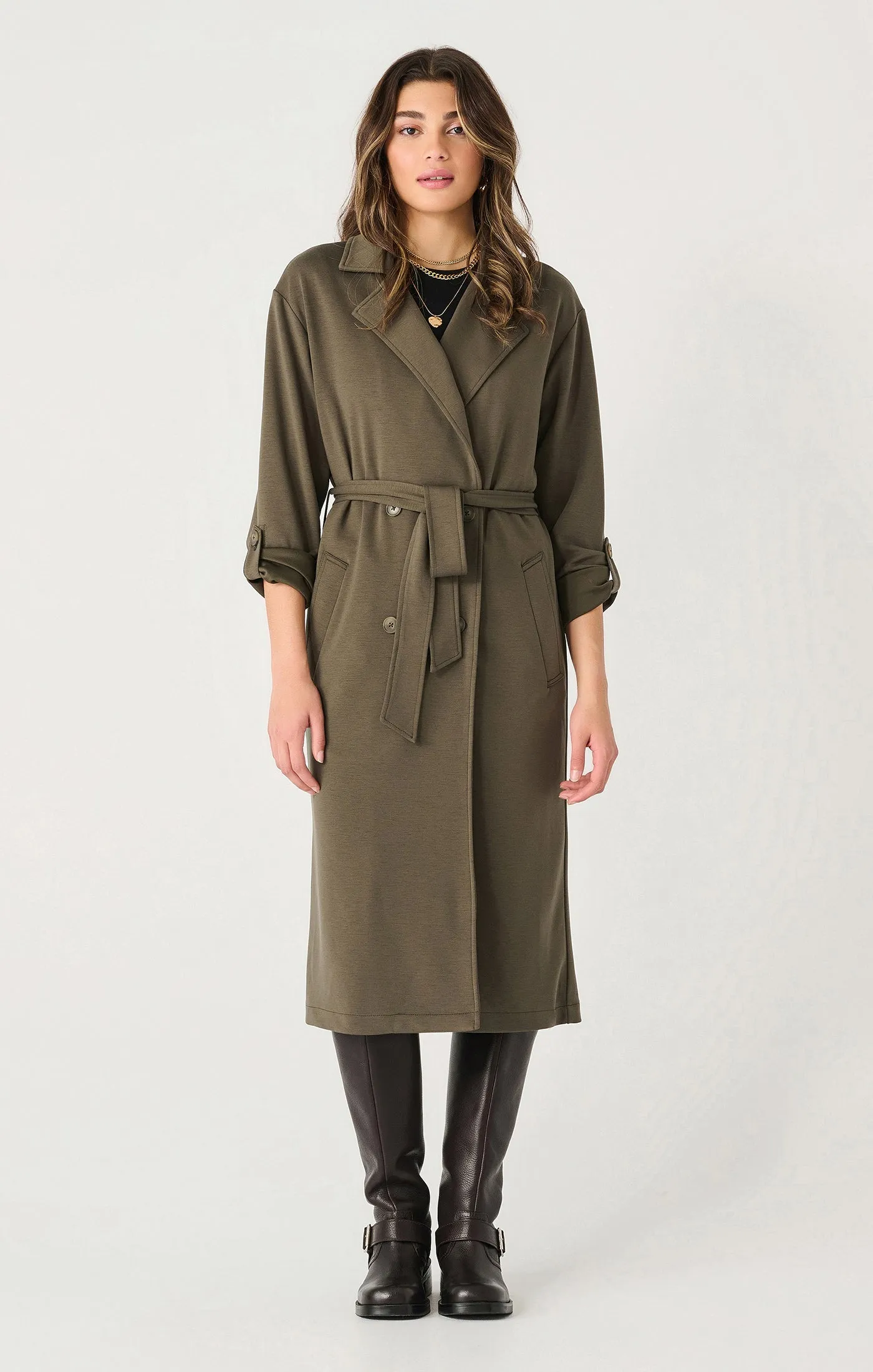 Double Breasted Knit Trench | Deep Olive