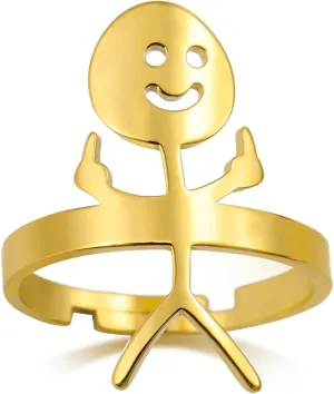 Dreamtimes Smiley Face Figurine Sign Language Rings for Women Men Adjustable Ring with Opening Stainless Steel Finger Medium Stickman Trend Couple Rings