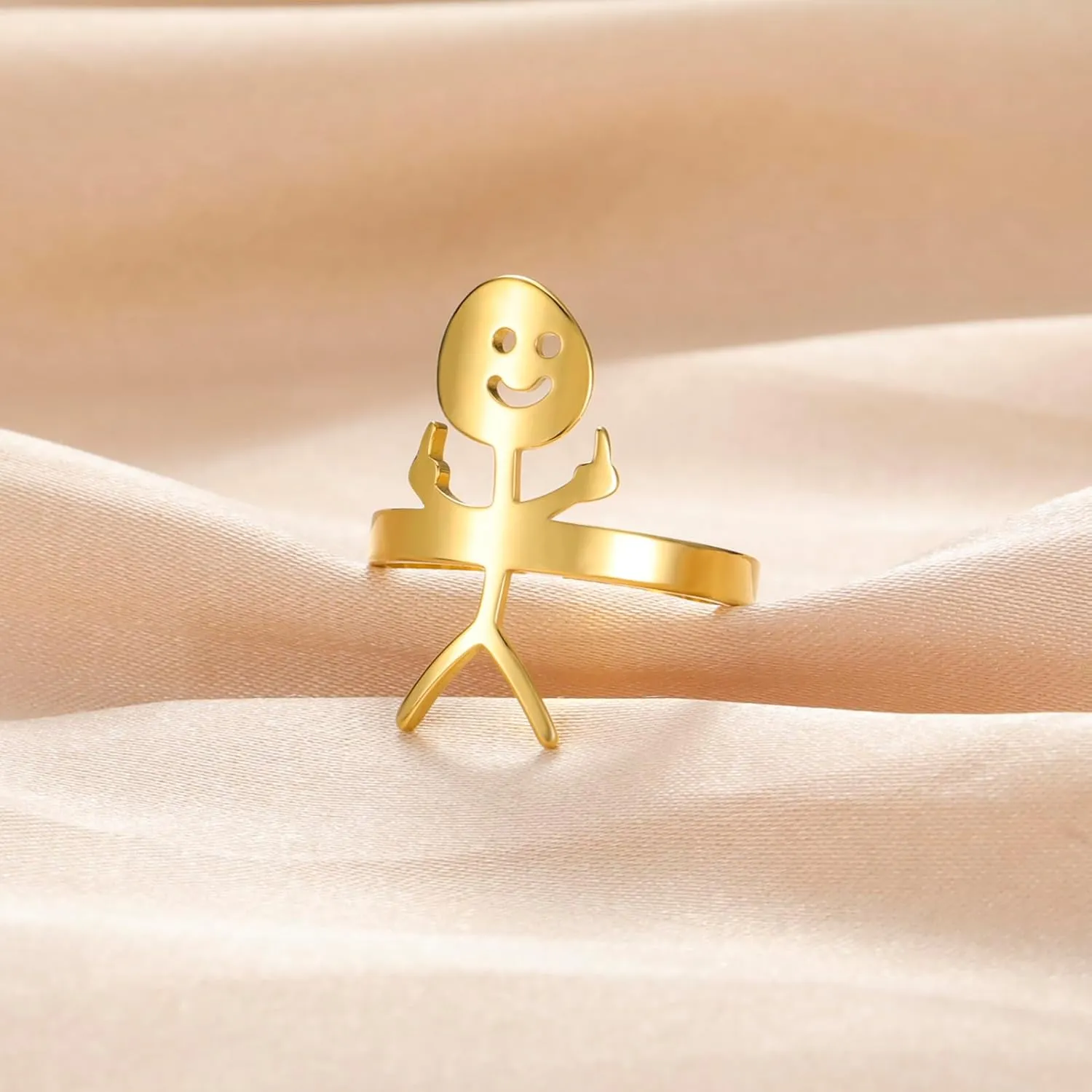 Dreamtimes Smiley Face Figurine Sign Language Rings for Women Men Adjustable Ring with Opening Stainless Steel Finger Medium Stickman Trend Couple Rings