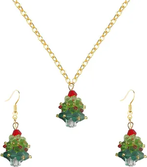 Dreuyet Christmas Tree Earring Necklaces Set for Women Dainty Green Crystal Christmas Tree Pendant Neckalces Charm Rhinestones Christmas Earrings for Lady Xmas Party Jewelry Accessories