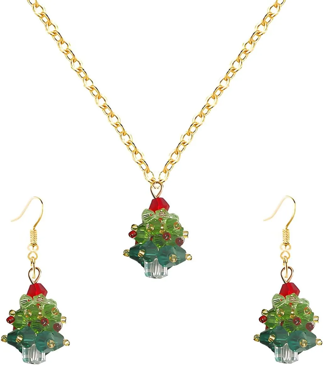 Dreuyet Christmas Tree Earring Necklaces Set for Women Dainty Green Crystal Christmas Tree Pendant Neckalces Charm Rhinestones Christmas Earrings for Lady Xmas Party Jewelry Accessories