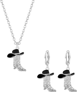 Dreuyet Western Boots Earring And Necklaces Sets for Women Dainty Sparkly Rhinestone Cowgirl Hat Dangle Drop Earrings Bohemian Rodeo Boot Pendant Necklaces Country Concert Party Outfits Jewelry