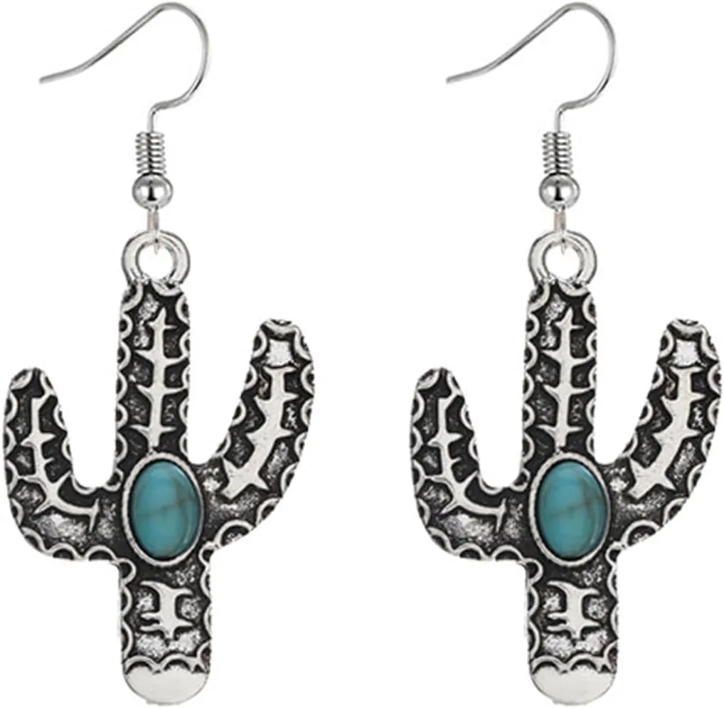 Dreuyet Western Earrings Antique Cactus Turquoise Earrings Handmade Ethnic Boho Earrings Retro Wooden Teardrop Western Dangle Earrings for Women Western Jewelry