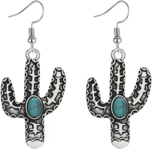 Dreuyet Western Earrings Antique Cactus Turquoise Earrings Handmade Ethnic Boho Earrings Retro Wooden Teardrop Western Dangle Earrings for Women Western Jewelry