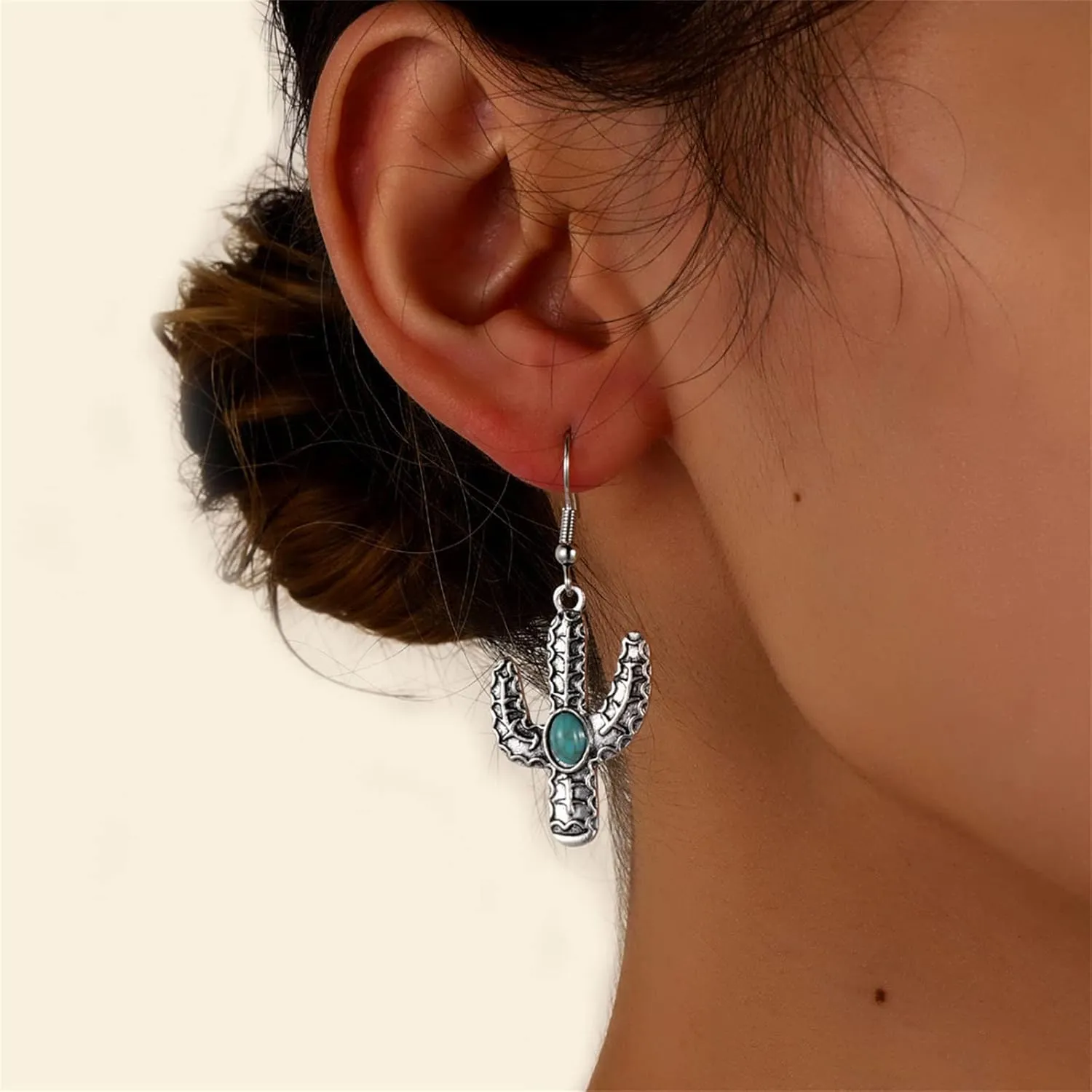 Dreuyet Western Earrings Antique Cactus Turquoise Earrings Handmade Ethnic Boho Earrings Retro Wooden Teardrop Western Dangle Earrings for Women Western Jewelry