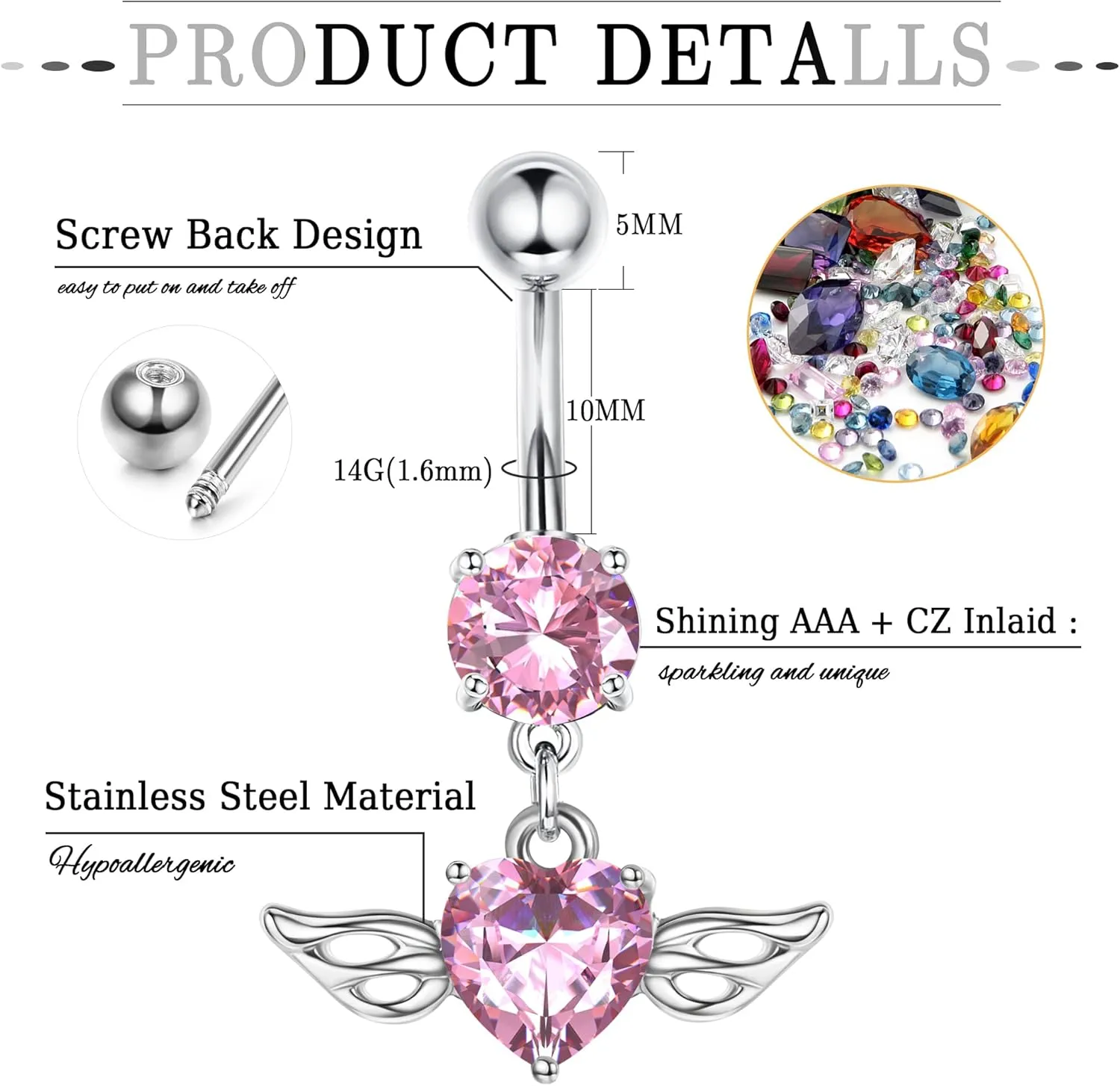 Drperfect 9PCS Belly Button Rings 316L Surgical Stainless Steel Belly Piercing 14G Cute Pink CZ Dangle Belly Rings Curved Navel Rings Barbell Body Piercing Jewelry for Women