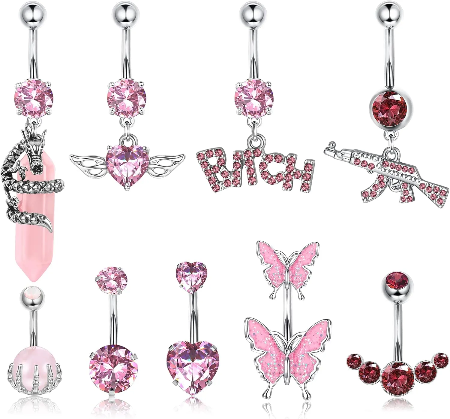 Drperfect 9PCS Belly Button Rings 316L Surgical Stainless Steel Belly Piercing 14G Cute Pink CZ Dangle Belly Rings Curved Navel Rings Barbell Body Piercing Jewelry for Women