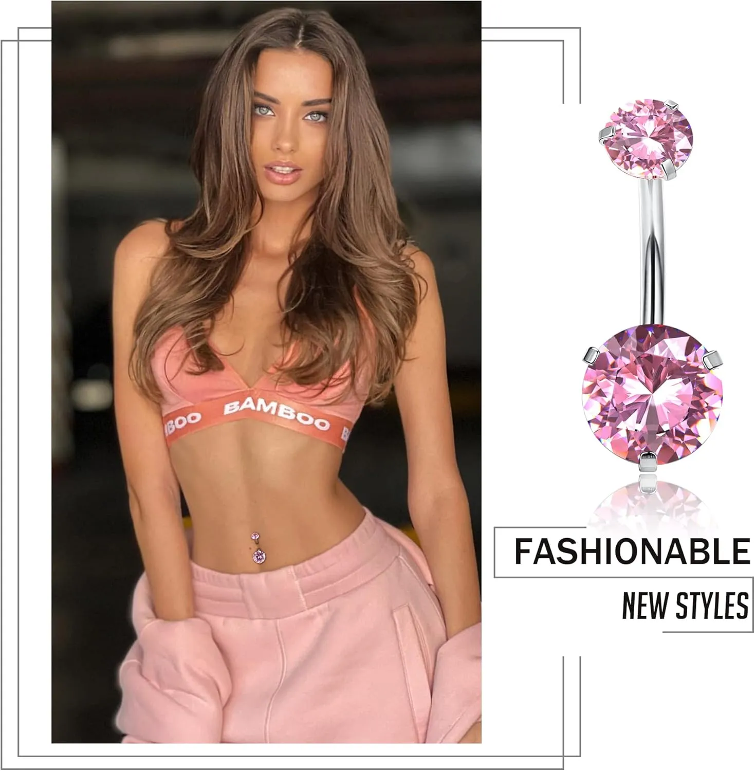 Drperfect 9PCS Belly Button Rings 316L Surgical Stainless Steel Belly Piercing 14G Cute Pink CZ Dangle Belly Rings Curved Navel Rings Barbell Body Piercing Jewelry for Women