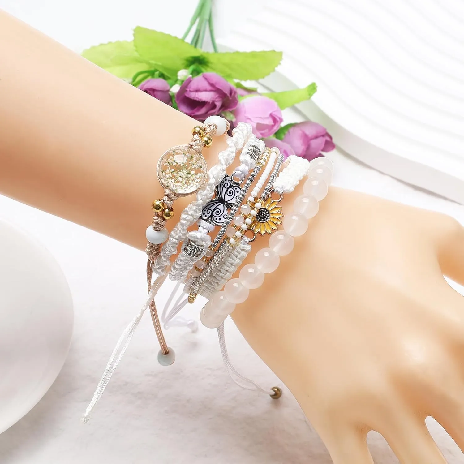 DS 6PCS String beads Charm Bracelets for Teen Girls Handmade Braided Rope Butterfly daisies Eternal flower Boho Surfer Bracelet for women Adjustable friendship Stretch birthday jewelry Gift Friends